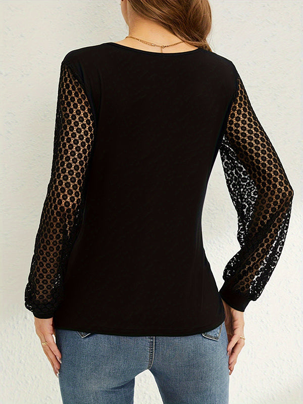 Long Sleeves Puff Sleeves See-Through Solid Color Split-Joint Deep V-Neck T-Shirts Tops