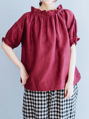 Half Sleeves Loose Ruffled Solid Color Round-Neck T-Shirts Tops