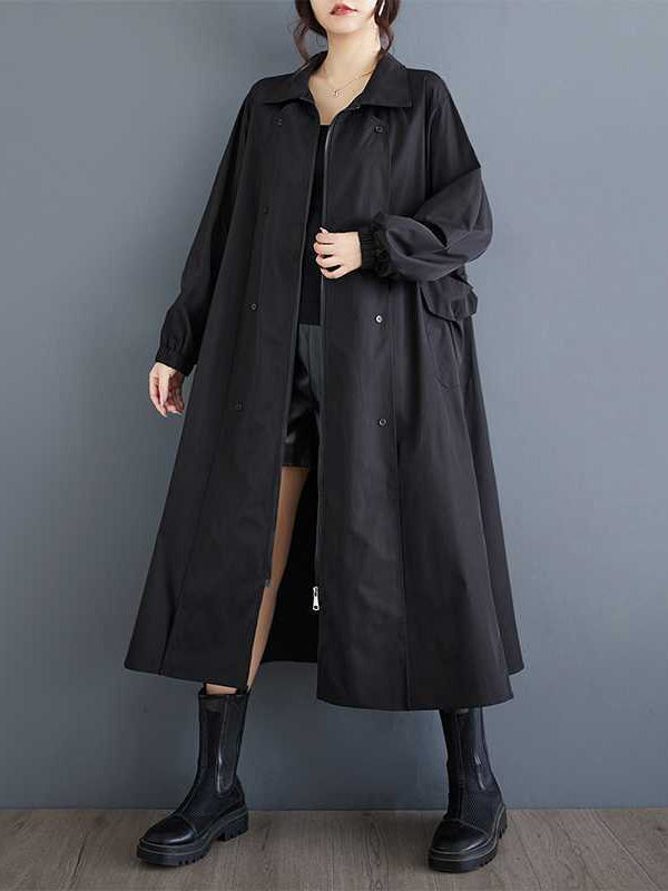 Long Sleeves Loose Buttoned Elasticity Pockets Split-Joint Zipper Lapel Outerwear Trench Coats