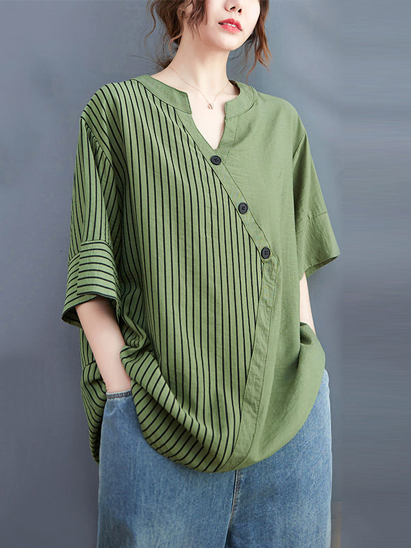 Simple Loose Asymmetric Striped V-Neck Blouse