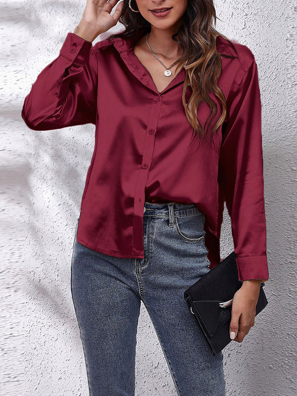 Long Sleeves Loose Solid Color Lapel Blouses