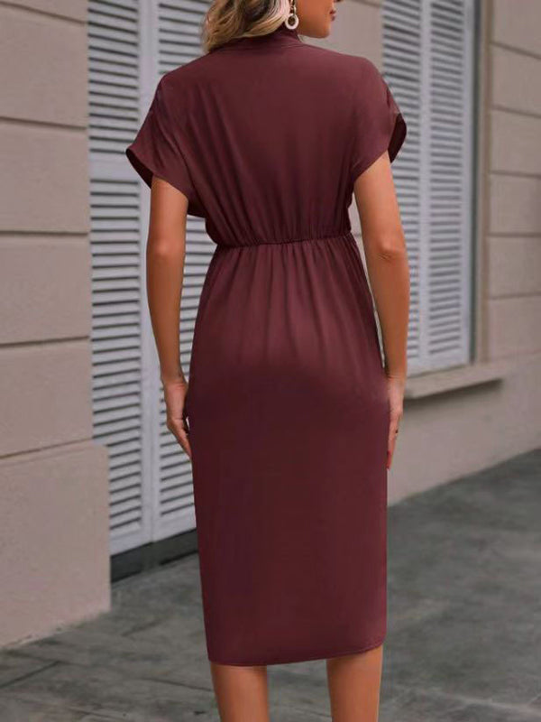 High-Low Loose Knot Pleated Solid Color Split-Front V-Neck Midi Dresses