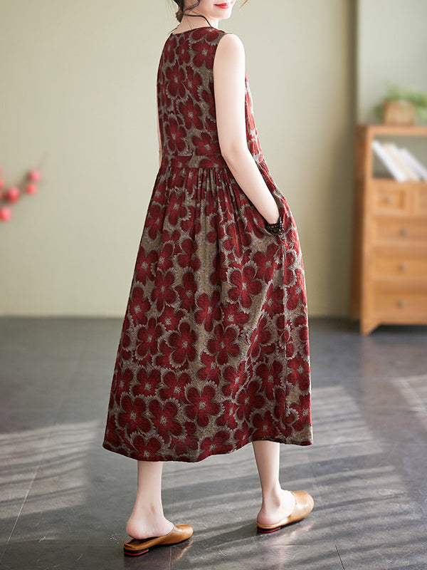 Loose Oversize Drawstring Floral Printed Round-Neck Midi Dresses