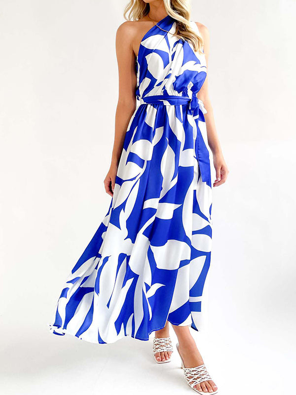 Loose Sleeveless Bandage Contrast Color Hollow Printed One-Shoulder Midi Dresses