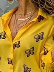 Long Sleeves Loose Butterfly Print Buttoned Split-Joint Lapel Blouses&Shirts Tops