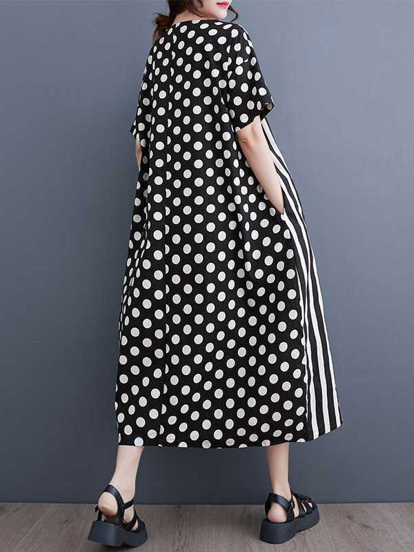 Loose Short Sleeves Polka-Dot Striped Round-Neck Midi Dresses