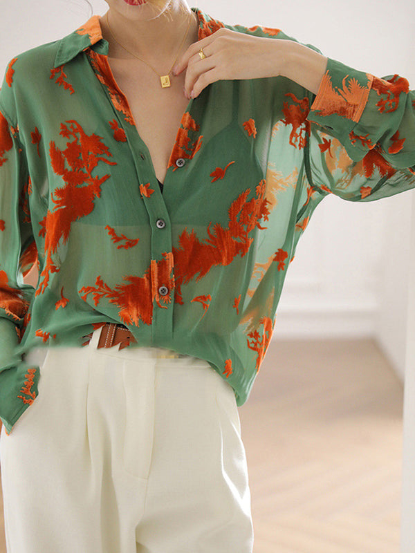 Long Sleeves Printed See-Through Lapel Blouses&Shirts Tops