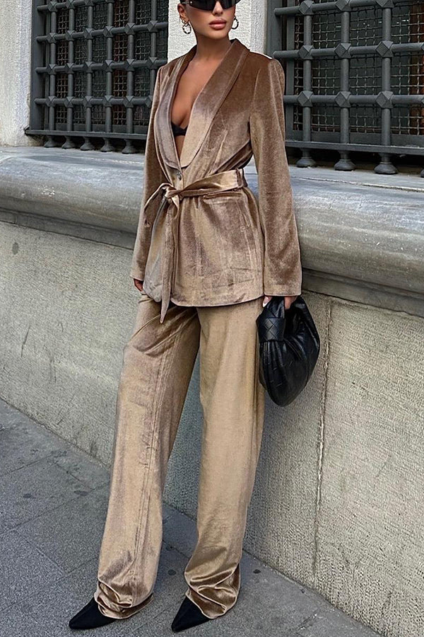 Cool Girl Energy Velvet Long Sleeve Belted Lapel Coat and Elastic Waist Pocketed Loose Pants Set