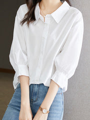 Simple Casual Loose Puff Sleeves White Blouse