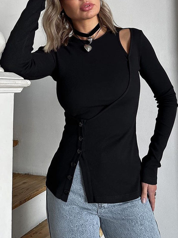 False Two Long Sleeves Asymmetric Buttoned Hollow Solid Color Split-Joint Round-Neck T-Shirts Tops