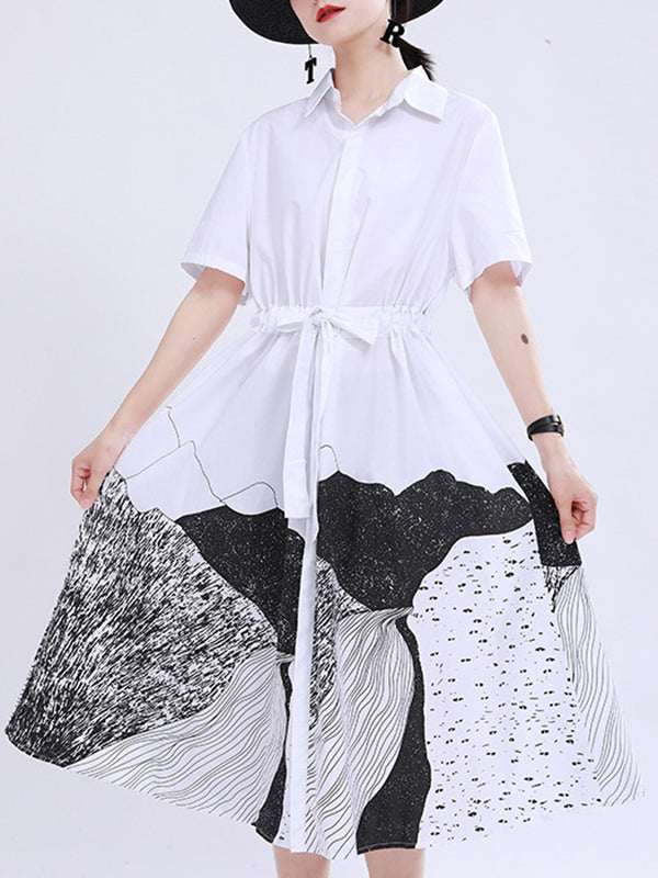 Loose Short Sleeves Contrast Color Drawstring Printed Tied Waist Lapel Midi Dresses Shirt Dress