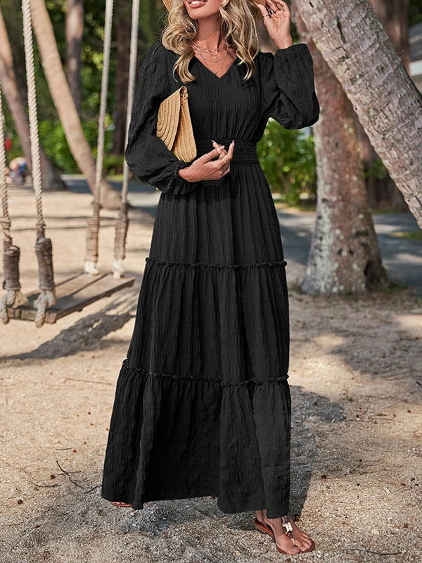 A-Line Long Sleeves Elasticity Solid Color Split-Joint V-Neck Maxi Dresses