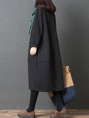 Loose Solid Color Split-Joint With Pocket Round-Neck Long Sleeves Midi Dress