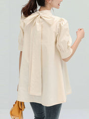 Half Sleeves Loose Bowknot Pleated Solid Color Mock Neck Blouses&Shirts Tops