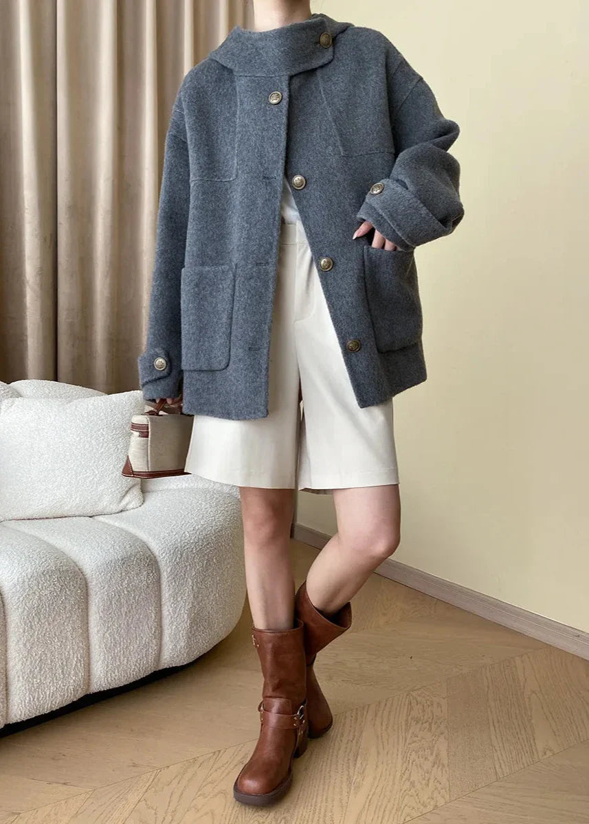 Chic Wool-Blend Buttoned Coat with Stand Collar