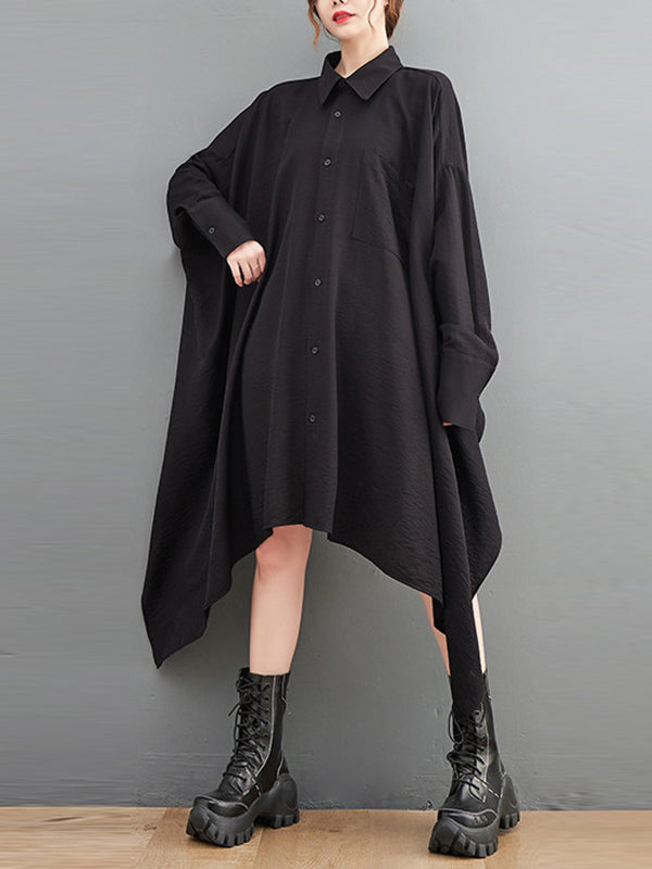 A-Line High-Low Asymmetric Buttoned Pockets Solid Color Lapel Midi Dresses Shirt Dress