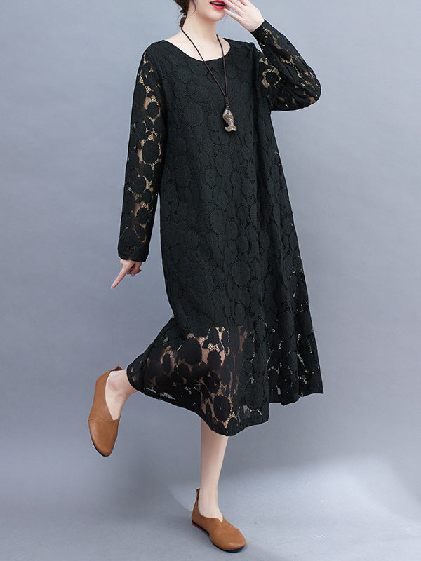 A-Line Long Sleeves Hollow Round-Neck Midi Dresses