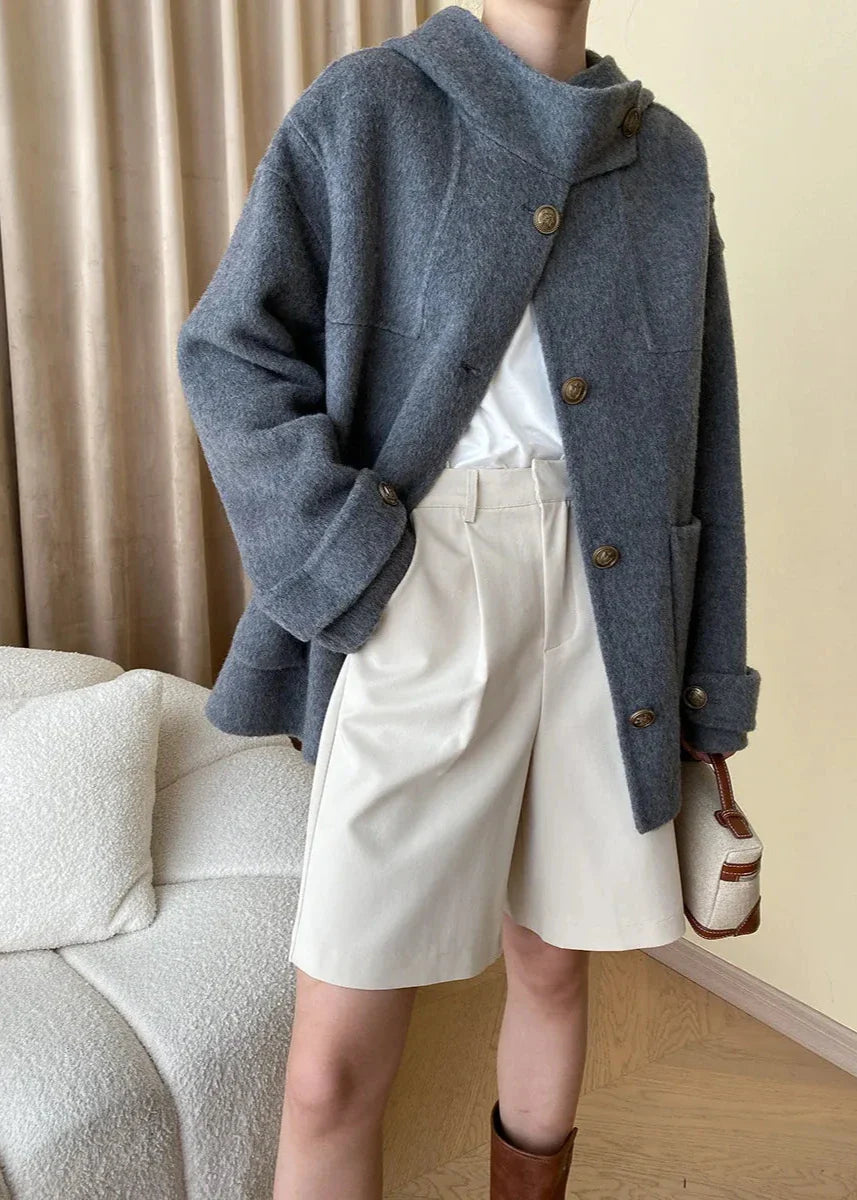 Chic Wool-Blend Buttoned Coat with Stand Collar