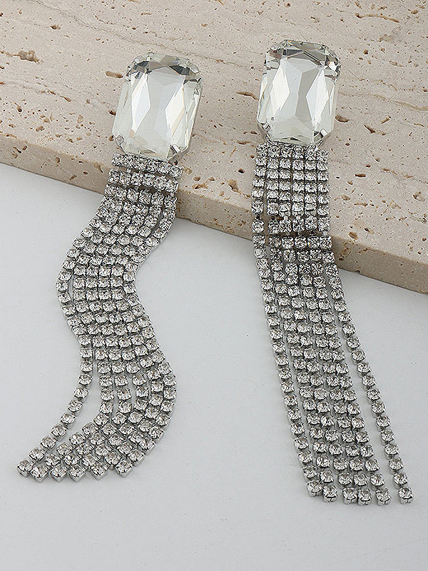 Rhine Stones Tasseled Drop Earrings