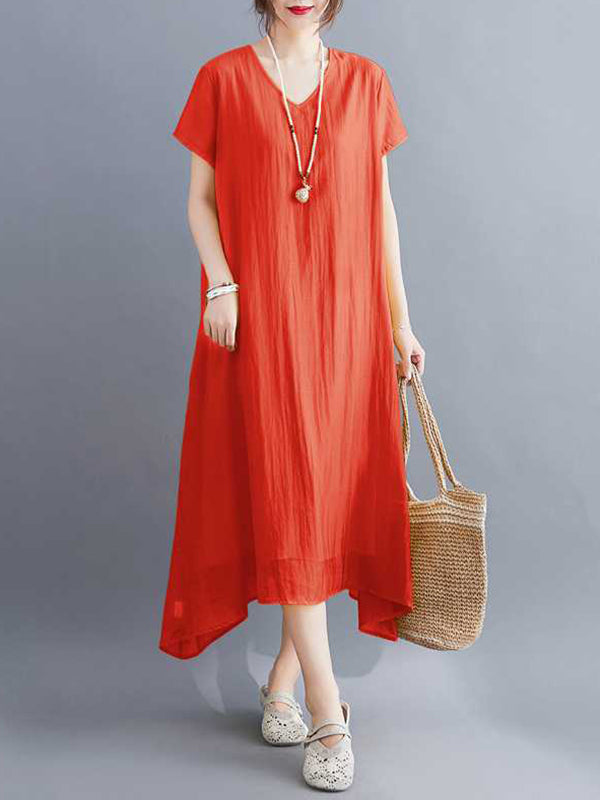 A-Line Loose Solid Color V-Neck Midi Dresses