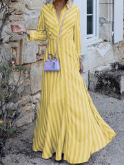 Stylish Long Sleeves Striped Lapel Collar Maxi Dresses