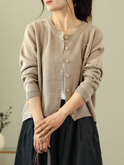 Simple Loose Long Sleeves Buttoned Solid Color Round-Neck Cardigan Tops