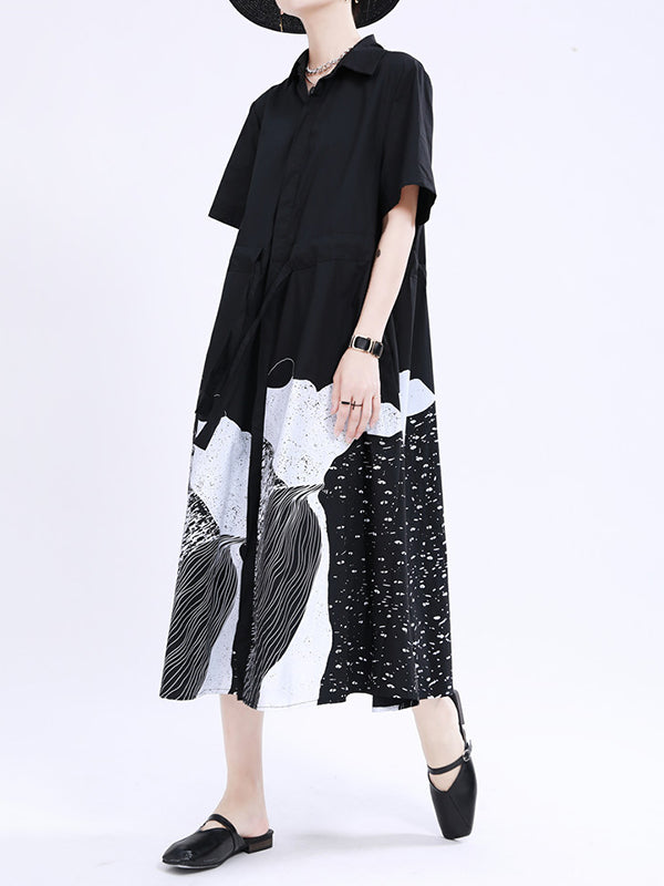 Loose Short Sleeves Contrast Color Drawstring Printed Tied Waist Lapel Midi Dresses Shirt Dress