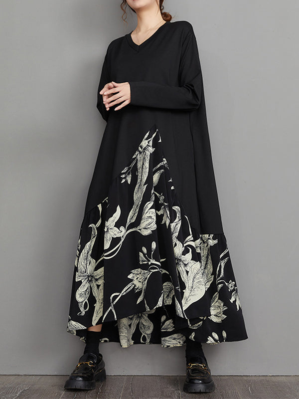 A-Line High-Low Asymmetric Flower Print Split-Joint V-Neck Midi Dresses