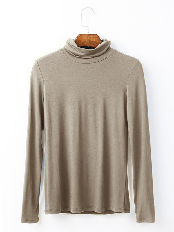 Simple Long Sleeves Skinny Solid Color High-Neck T-Shirts