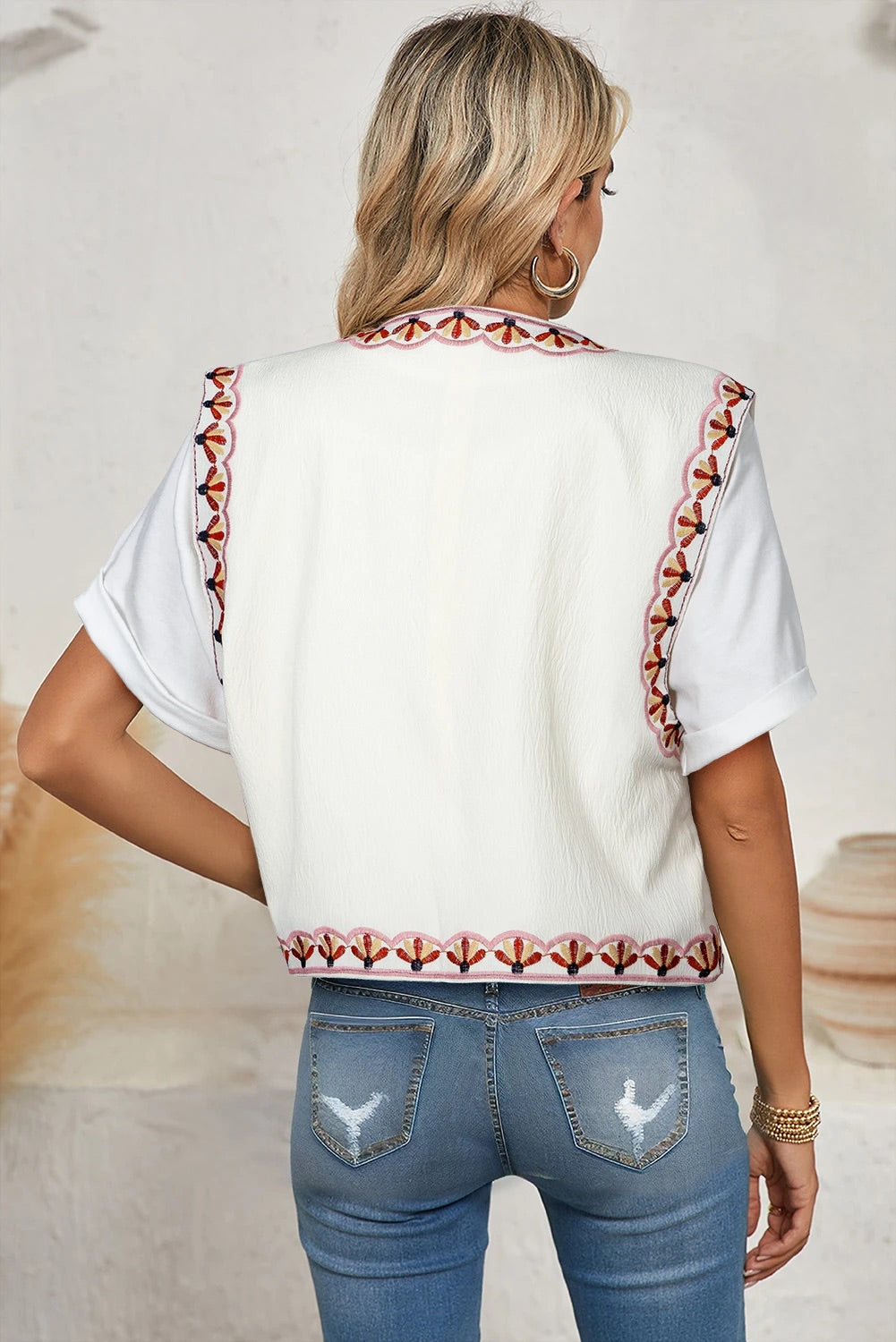 White Boho Floral Embroidered Cardigan Vest