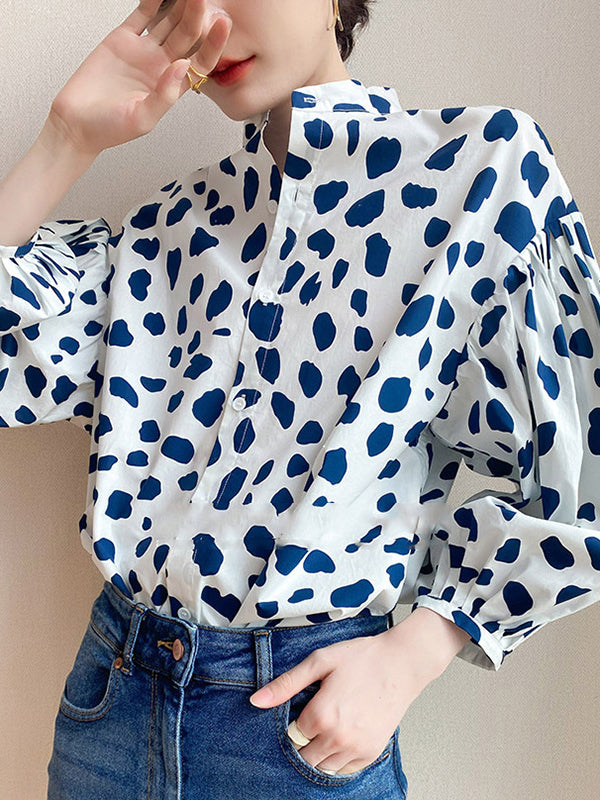 Loose Puff Sleeves Pleated Polka-Dot Split-Joint Stand Collar Blouses