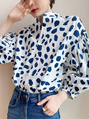 Loose Puff Sleeves Pleated Polka-Dot Split-Joint Stand Collar Blouses