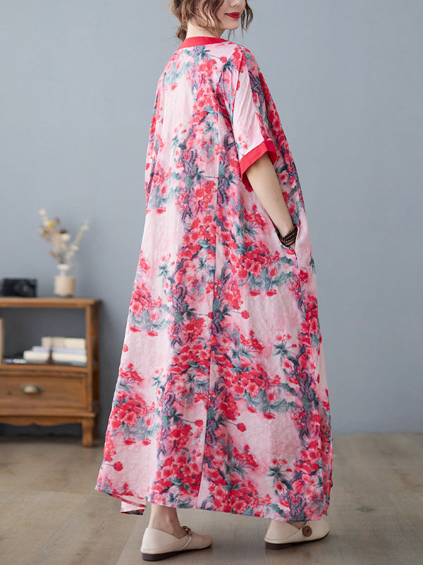 Loose Artistic Retro Floral Printed Split-Joint V-Neck Midi Dress