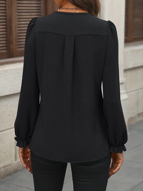 Long Sleeves Loose Pleated Solid Color Split-Joint Round-Neck Blouses&Shirts Tops