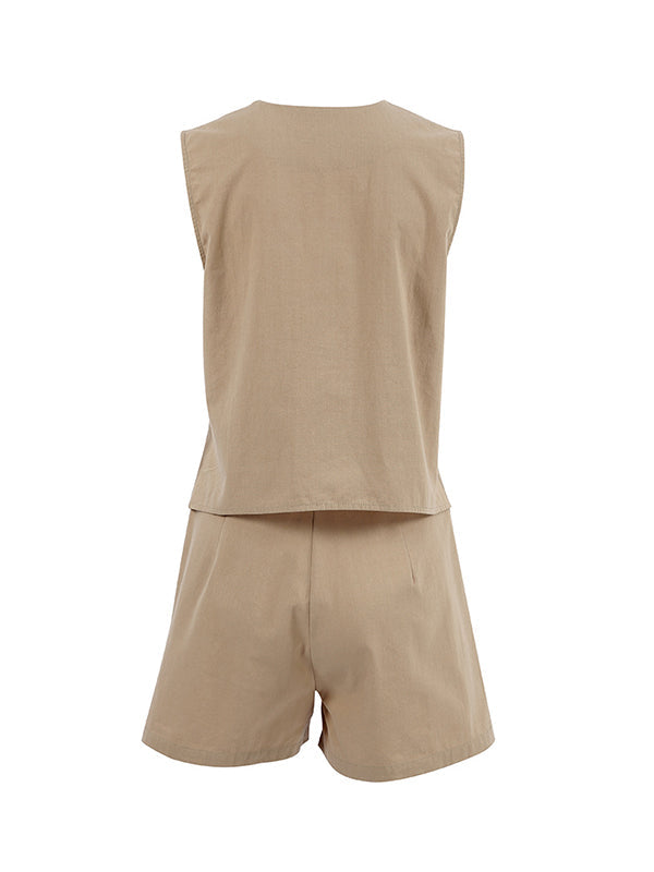 Loose Sleeveless Buttoned Pockets V-Neck Vest Top + Shorts Bottom Two Pieces Set