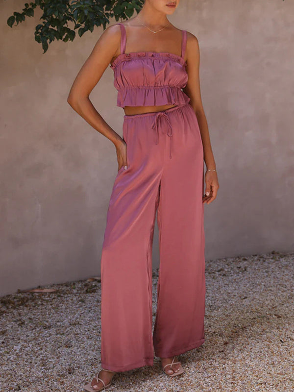 Elasticity Pleated Solid Color Spaghetti-Neck Tops + High Waisted Drawstring Pants Trousers Two Pieces Set