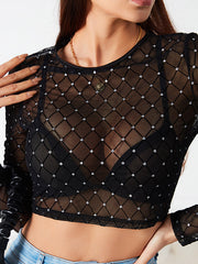 Long Sleeves Skinny Mesh Polka-Dot See-Through Round-Neck T-Shirts Tops