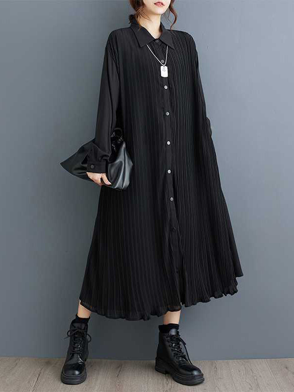 A-Line Long Sleeves Buttoned Pleated Pockets Split-Joint Lapel Midi Dresses Shirt Dress