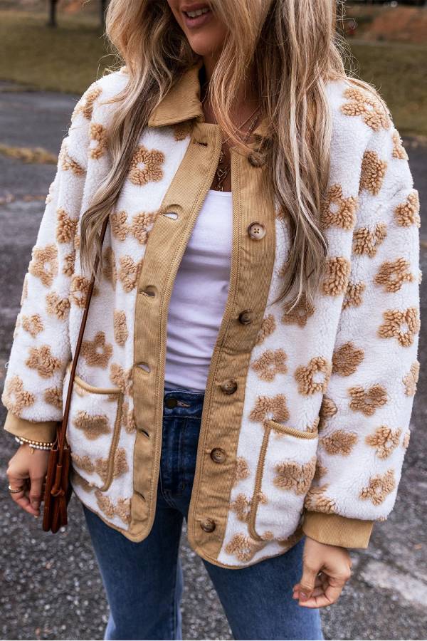 Light French Beige Cute Flower Pattern Button Up Fleece Jacket