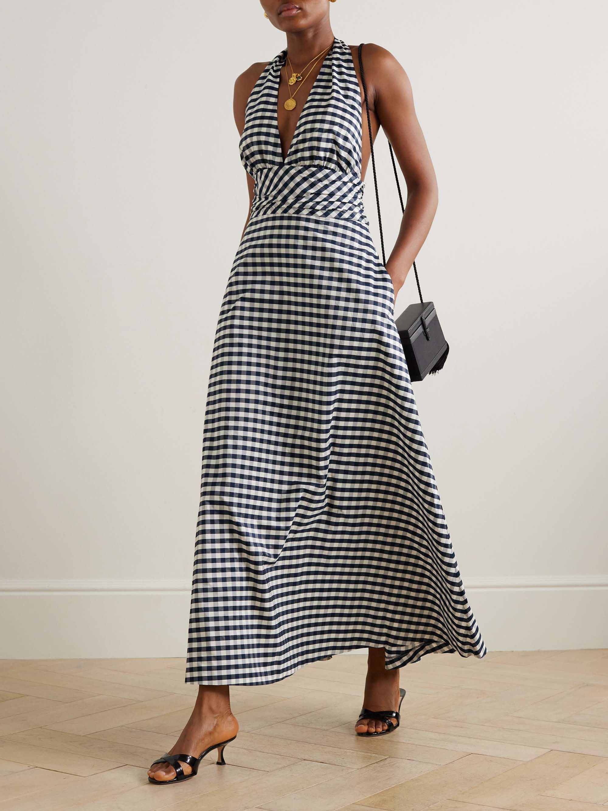 Elegant Plaid Halterneck Deep V-Neck Midi Dress