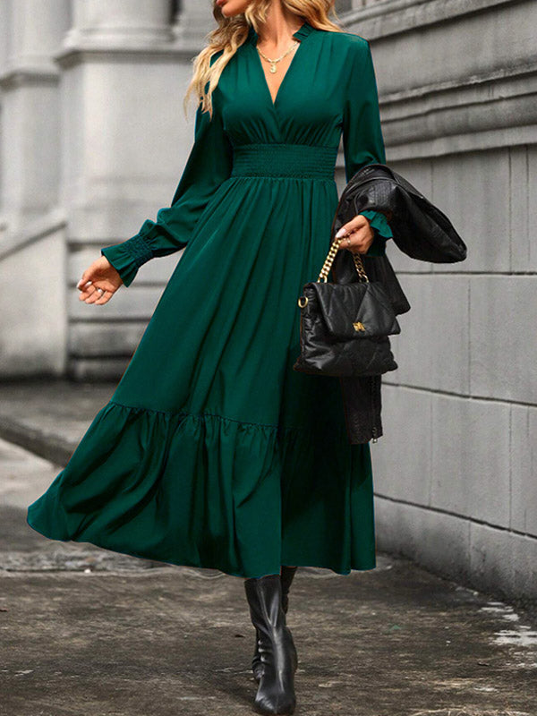 A-Line Flared Sleeves Elasticity Pleated Solid Color V-Neck Midi Dresses