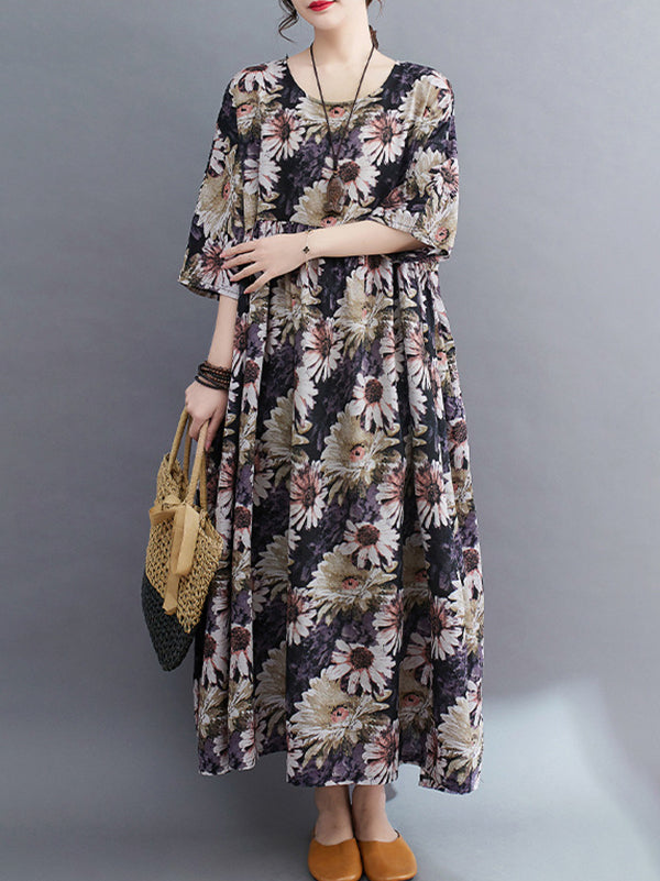 Loose Raglan Sleeve Floral Printed Pleated Split-Joint Round-Neck Midi Dresses