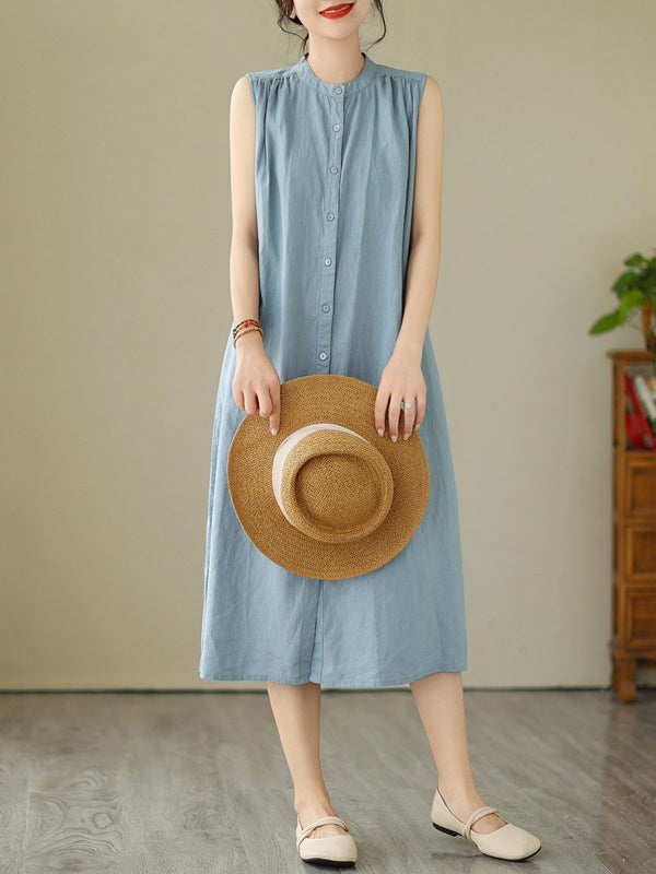 A-Line Sleeveless Buttoned Pleated Solid Color Round-Neck Midi Dresses