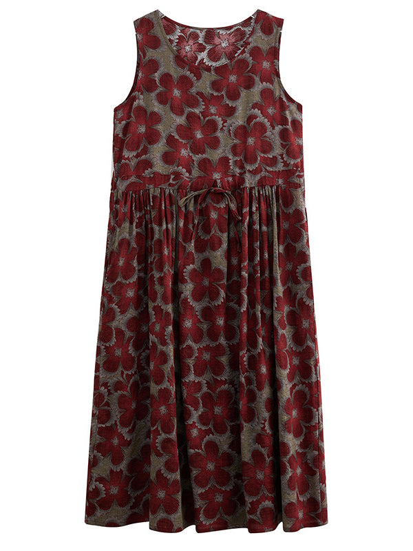 Loose Oversize Drawstring Floral Printed Round-Neck Midi Dresses