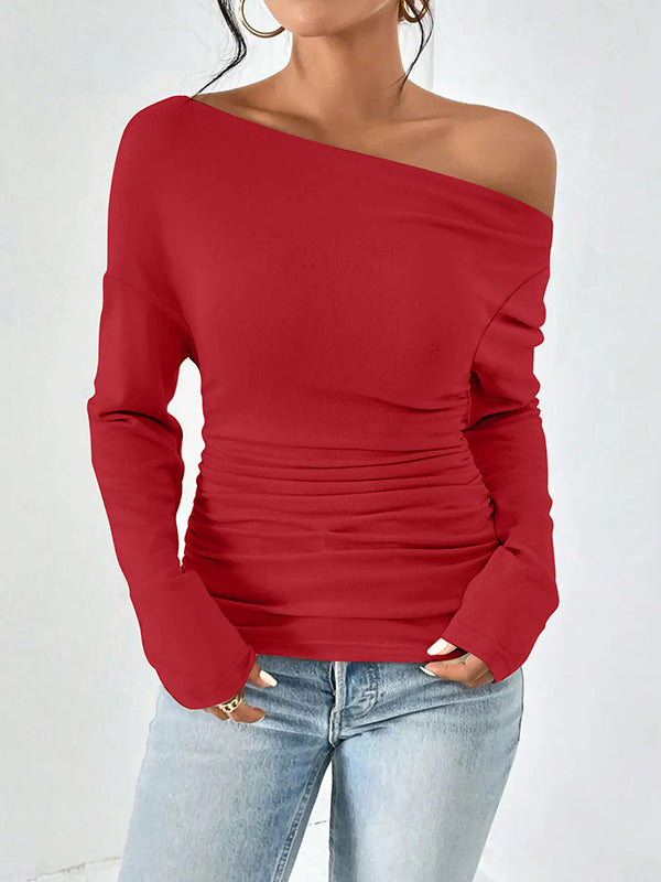 Long Sleeves Skinny Solid Color One-Shoulder T-Shirts Tops