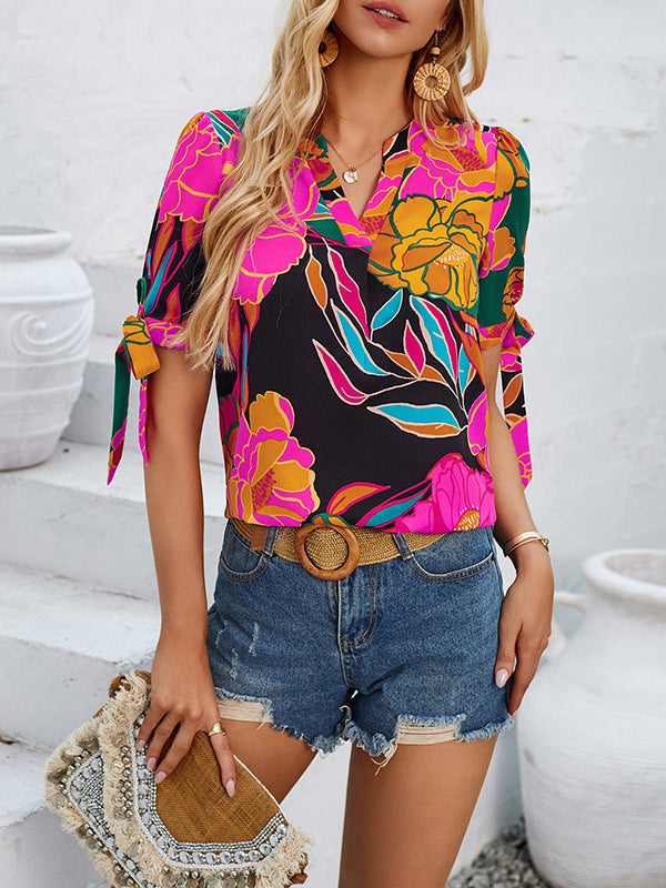 Loose Short Sleeves Flower Print Tied V-Neck Blouses&Shirts Tops