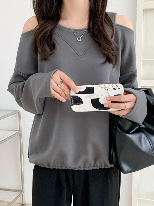 Long Sleeves Loose Hollow Solid Color Cold Shoulder T-Shirts Tops