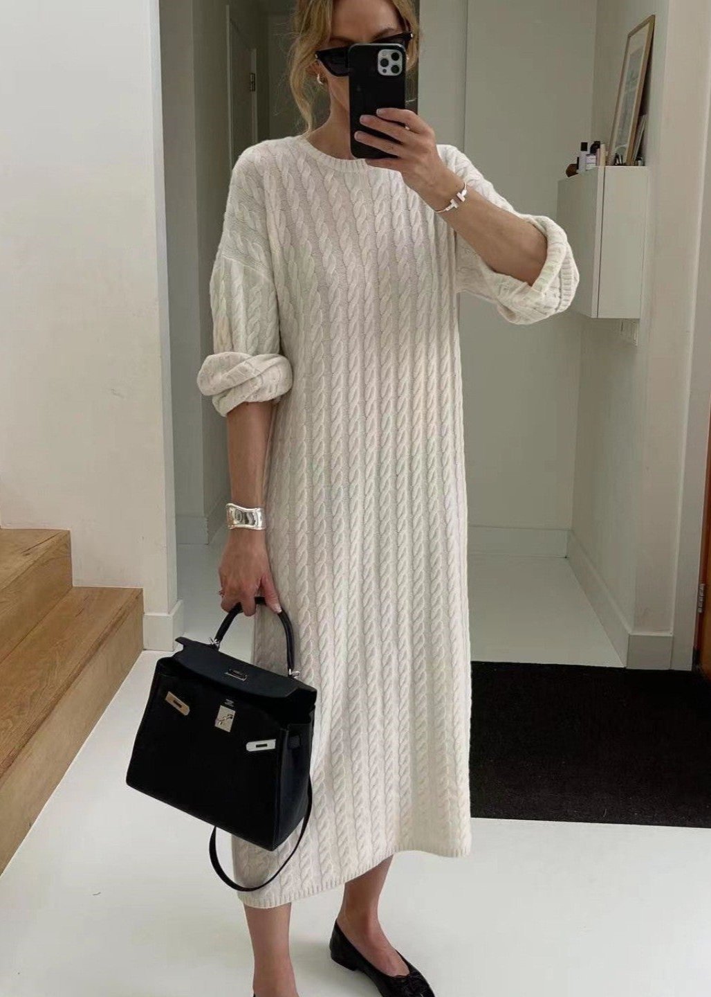 Luxe Cable Knit Wool Midi Dress – Effortless Elegance