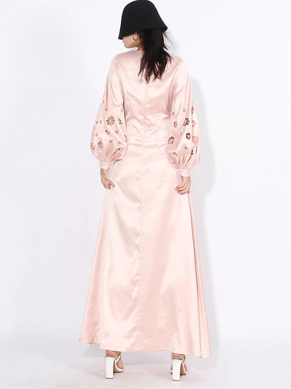 A-Line Long Sleeves Hollow Solid Color Round-Neck Maxi Dresses