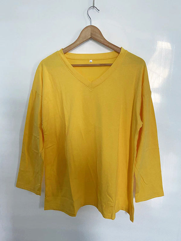 Long Sleeves Loose See-Through Solid Color Split-Joint V-Neck T-Shirts